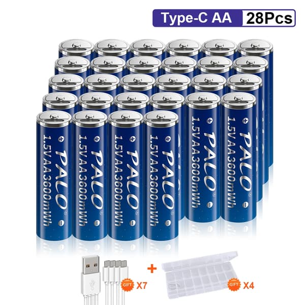 PALO USB genopladelige AA-batterier, 3600mWh kapacitet, hurtig opladning på 1 time,28 stk. AA-batteri