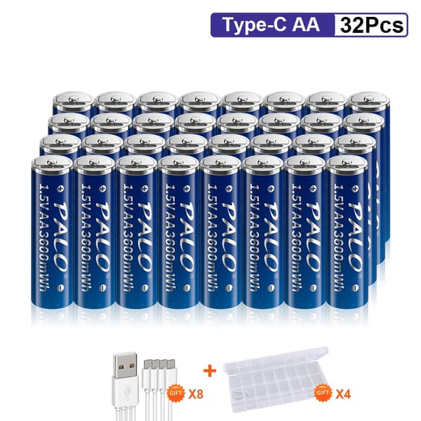 PALO USB genopladelige AA-batterier, 3600mWh kapacitet, hurtig opladning på 1 time,32 stk AA-batteri