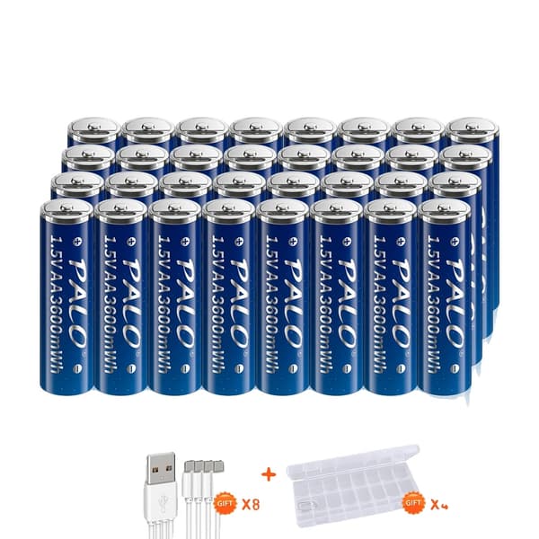 PALO USB genopladelige AA-batterier, 3600mWh kapacitet, hurtig opladning på 1 time,32 stk AA-batteri