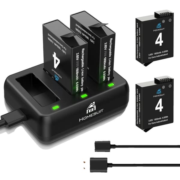 Osmo Action Batteri Kit, inkluderer 2 batterier, 3-slot oplader, 1800mAh kapacitet