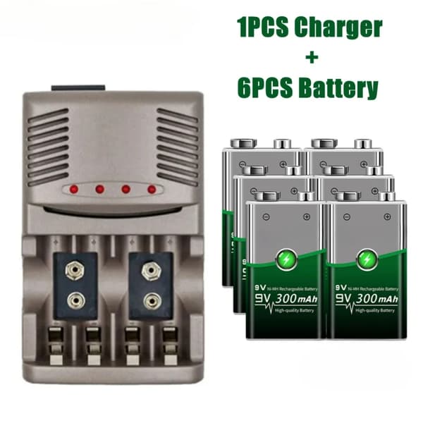 9V Genopladeligt Batterisæt, 300mAh Kapacitet, Inkluderer Smart Oplader,1 oplader 6 batterier