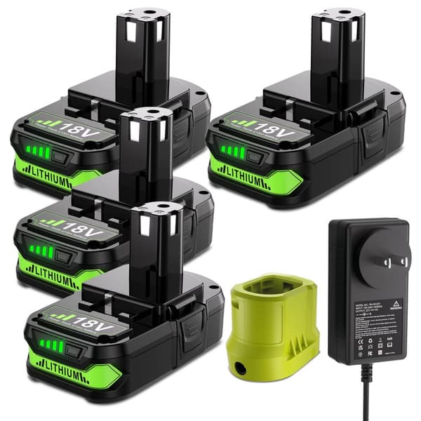 RYOBI P108 Batteri, 18V 3800mAh Kapacitet, Kompatibel med Flera Modeller,4 Batteri 1 Laddare