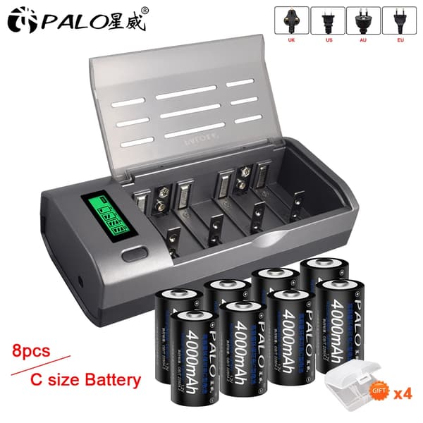 PALO C Størrelse Genopladeligt Batteri, 4000mAh Kapacitet, 8 Batterier med Oplader,8 batterier 1 oplader