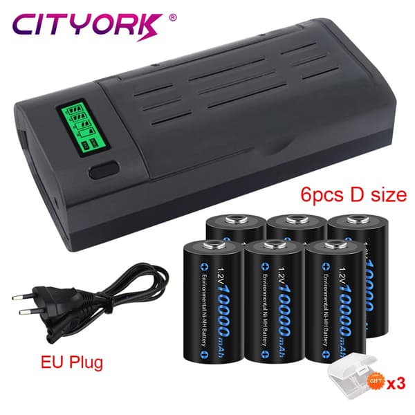 CITYORK Genopladeligt D Størrelse Batteri, 10000mAh Kapacitet, Smart Oplader Inkluderet,6 Batterier 1 Oplader