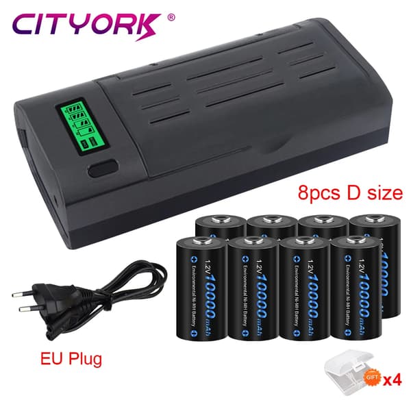 CITYORK Ladattava D-kokoinen akku, 10000mAh kapasiteetti, älykäs laturi mukana,8 Akkua 1 Laturi