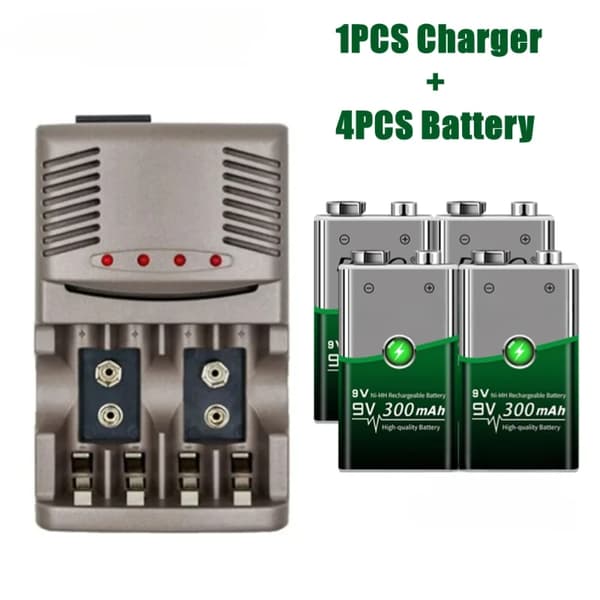 9V Genopladeligt Batterisæt, 300mAh Kapacitet, Inkluderer Smart Oplader,1 oplader 4 batterier