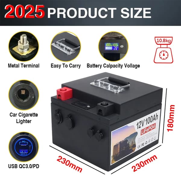 12V LiFePO4-batteri, 100AH kapacitet, IP65 beskyttelse,12V100AH