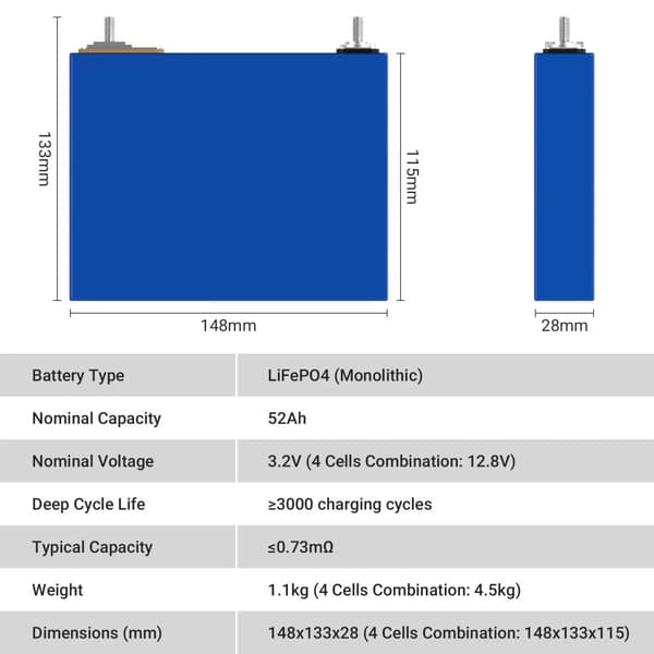 Lifepo4 Battericeller, 52Ah / 202Ah Kapacitet, 3000-3500 Cyklusser,DLK1 50A