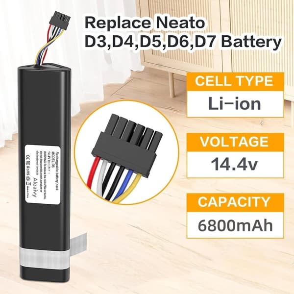 Erstatningsbatteri til Neato D3 D4 D5 D6 D7, 14,4V spænding, 6800mAh kapacitet,6800mAh