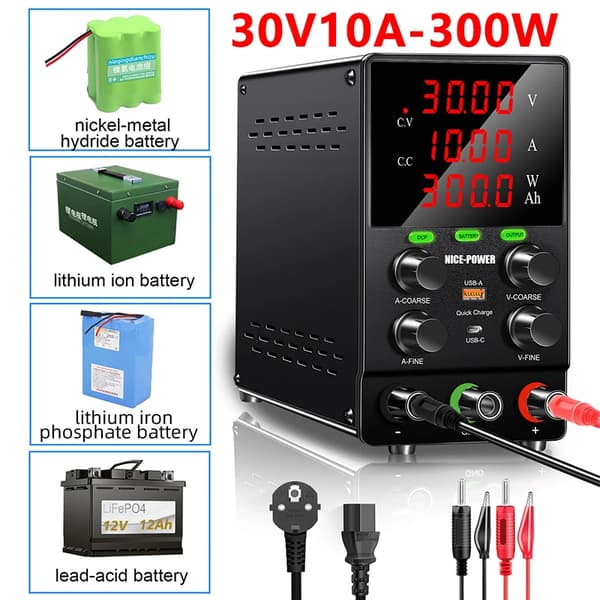 Säädettävä tasavirtalähde, 30V 20A ulostulo, USB-nopealatausportit,30V 10A lataus, 220V EU PISTOKE