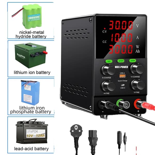 Säädettävä tasavirtalähde, 30V 20A ulostulo, USB-nopealatausportit,30V 10A lataus, 220V EU PISTOKE