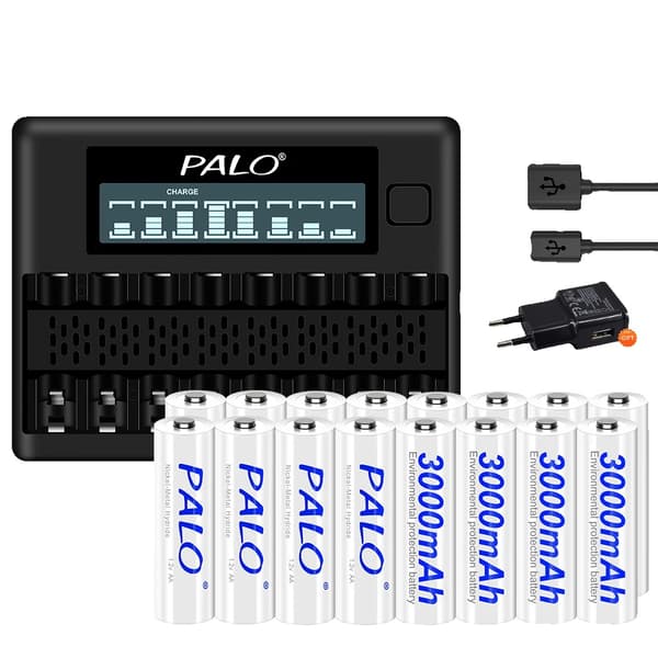 PALO Genopladelige AA-batterier, 3000mAh kapacitet, 8 opladningspladser,16AA og oplader