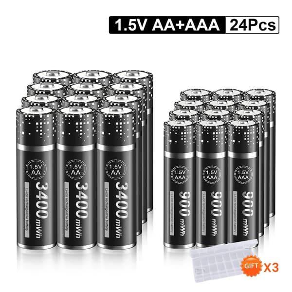 Genopladelige lithiumbatterier, 3400mWh AA kapacitet, 900mWh AAA kapacitet,12AA og 12AAA