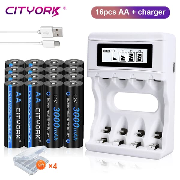 CITYORK AA Genopladelige Batterier, 3000mAh Kapacitet, LCD Oplader Inkluderet,16AA 1 Oplader