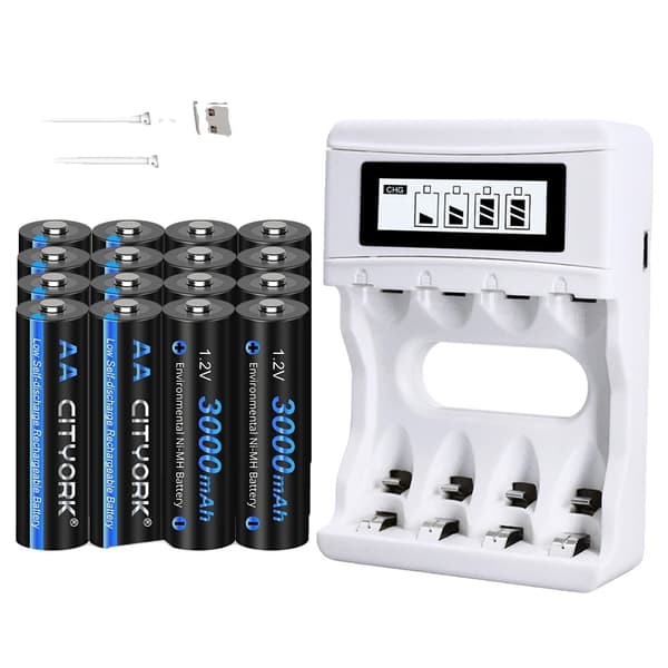 CITYORK AA Genopladelige Batterier, 3000mAh Kapacitet, LCD Oplader Inkluderet,16AA 1 Oplader