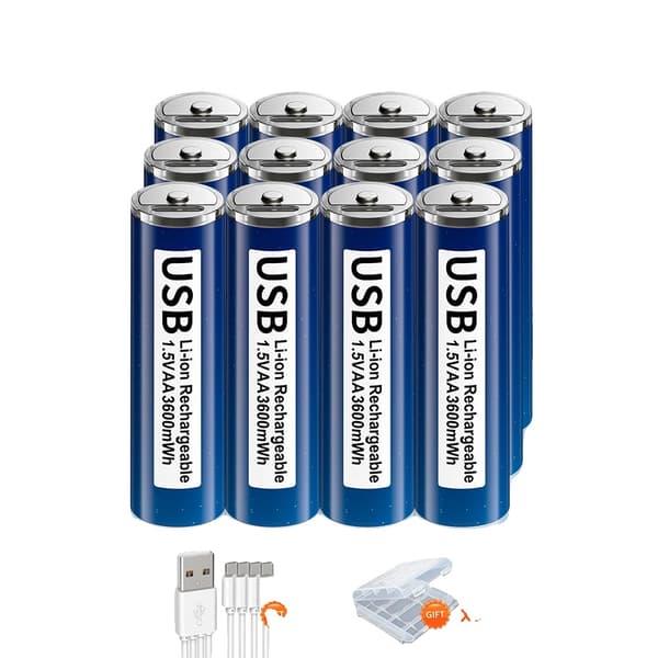 Ladattavat litium-USB-paristot, suurikapasiteettiset 3600mWh, monikäyttöiset kauko-ohjaimille ja leluilla,12AA