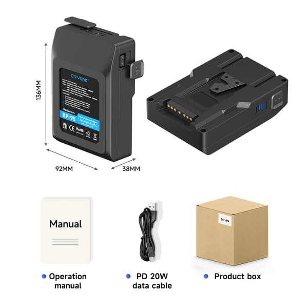 Kameran akku, V Mount -yhteensopivuus, PD20W-kaapelin tuki,BP-95 6600mAh