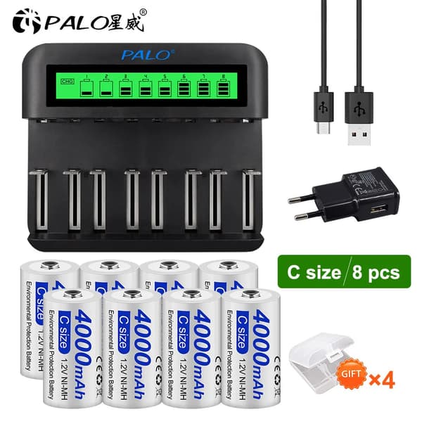 NI-MH Batterioplader, Understøtter AA/AAA/C/D Størrelser, LCD Skærm,8 C størrelse 1Lader, 1.2V