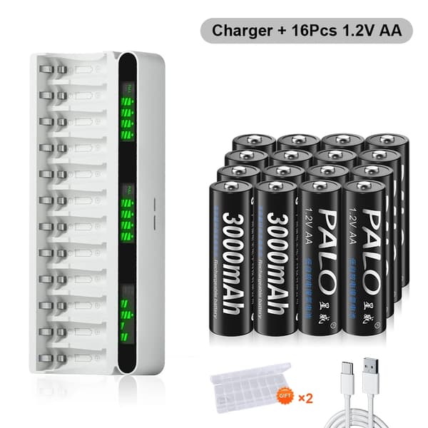 PALO Ladattavat Paristot, 3000mAh AA-kapasiteetti, 1100mAh AAA-kapasiteetti,16AA 1 Laturi