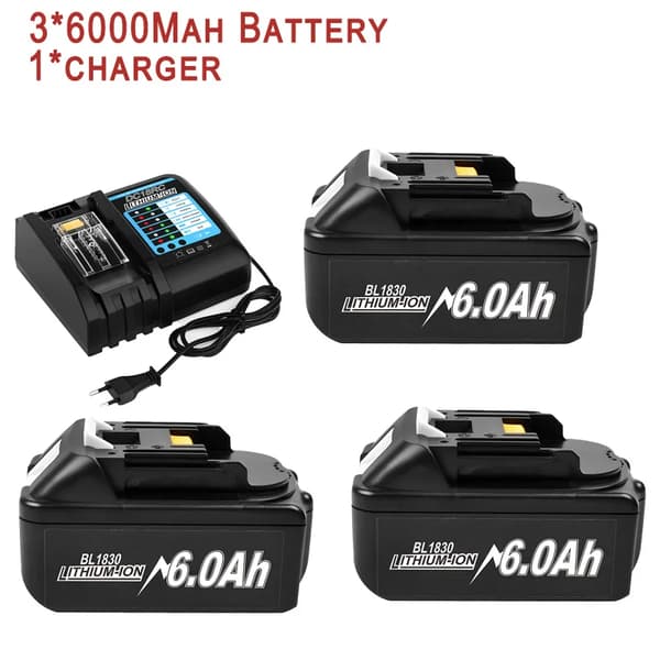 Ersättningsbatteri för elverktyg, hög kapacitet 6000mAh, intelligenta skyddsfunktioner,3 6.0Ah 4A Laddare