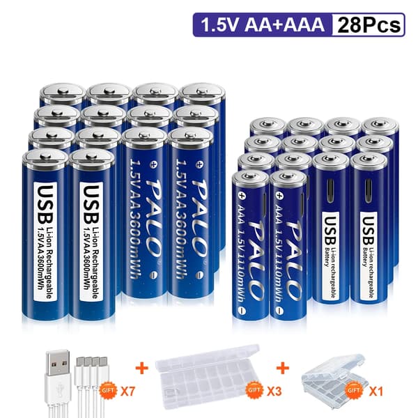 PALO Genopladelige Lithiumbatterier, 3600mWh Kapacitet, USB Praktisk Opladning,14AA og AAA