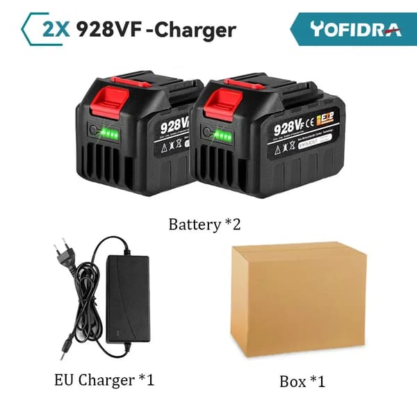Uppladdningsbart Li-jon batteri, 18V, 30000mAh, Batteriindikator,2x928VF-1Laddare, 18V