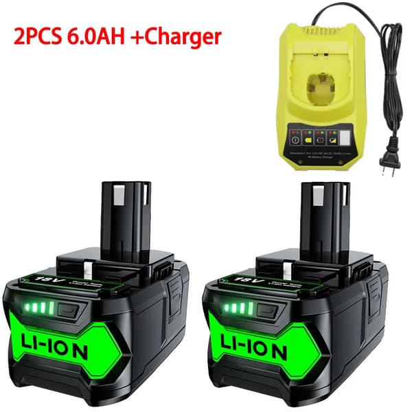 RYOBI P108 Batteri, 6000mAh Kapacitet, Li-ion Teknik,2batteriladdare