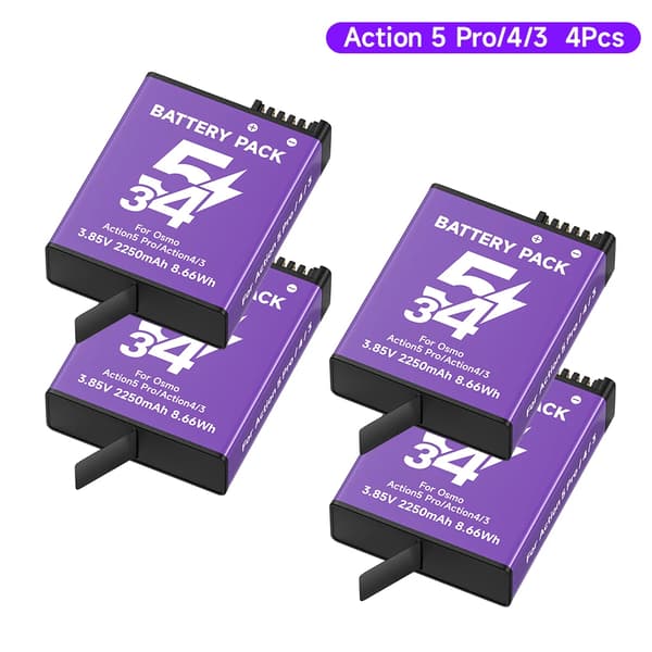 2250mAh Action 5 Pro 3 Batteri, Kompakt Størrelse, Dobbelt Slot Oplader,4PCS Batteri