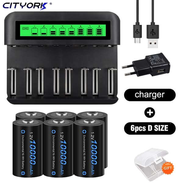 Ladattavat D-kokoiset paristot, 6000-10000mAh kapasiteetti, nopea latauskyky,6kpl ja laturi