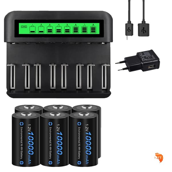 Ladattavat D-kokoiset paristot, 6000-10000mAh kapasiteetti, nopea latauskyky,6kpl ja laturi