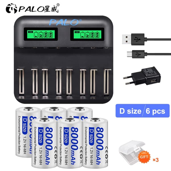 D Størrelse Genopladeligt Batteri, 8000mAh Kapacitet, 1200-1800 Opladningscykler,6 batteri 1 opladerB