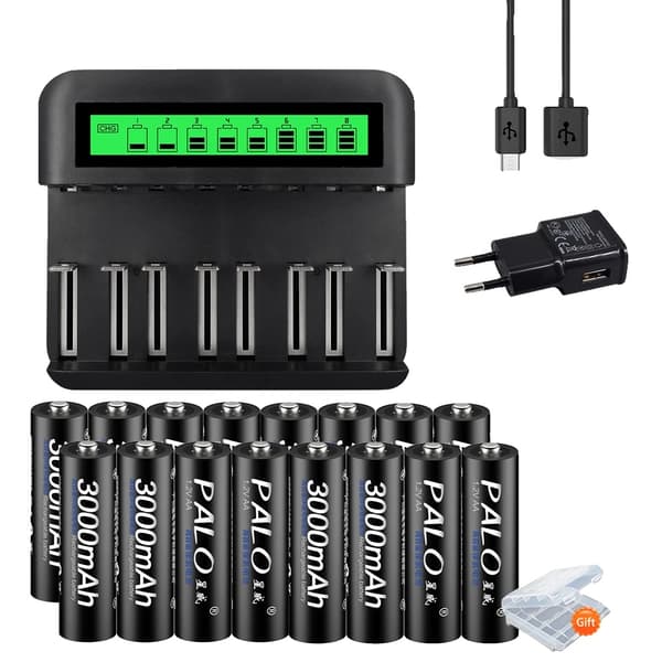 PALO Ladattavat Paristot, 3000mAh Kapasiteetti, USB Nopea Lataus,16AA ja 1laturi