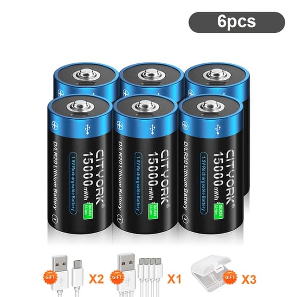 D-kokoinen ladattava akku, 15000mWh kapasiteetti, USB Type-C -liitäntä,6kpl