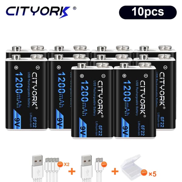 CITYORK 9V Genopladeligt Batteri, 1200mAh Kapacitet, Micro USB Opladning,10stk