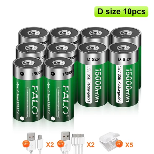 Genopladeligt D-størrelse batteri, USB-kabel opladning, Li-ion batterier,10PCS Batteri