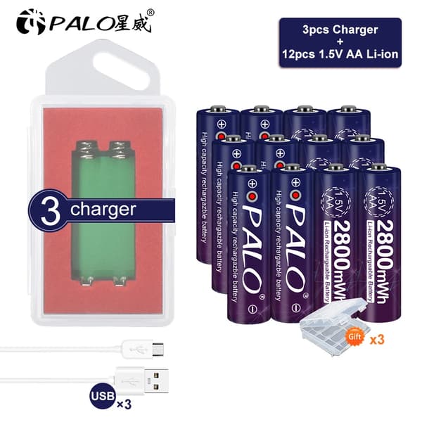 PALO 1.5V AA Genopladeligt Batteri, 2800mWh Kapacitet, USB Smart Oplader,12stk og 3charger