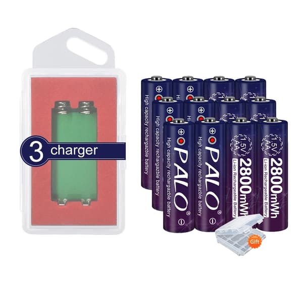 PALO 1.5V AA Genopladeligt Batteri, 2800mWh Kapacitet, USB Smart Oplader,12stk og 3charger