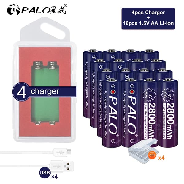 PALO 1.5V AA Uppladdningsbart Batteri, 2800mWh Kapacitet, USB Smart Laddare,16st och 4Charger