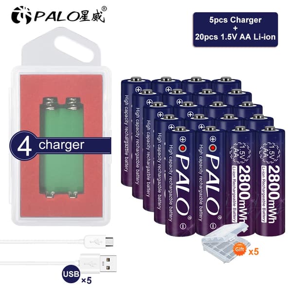 PALO 1.5V AA Genopladeligt Batteri, 2800mWh Kapacitet, USB Smart Oplader,20stk og 5charger