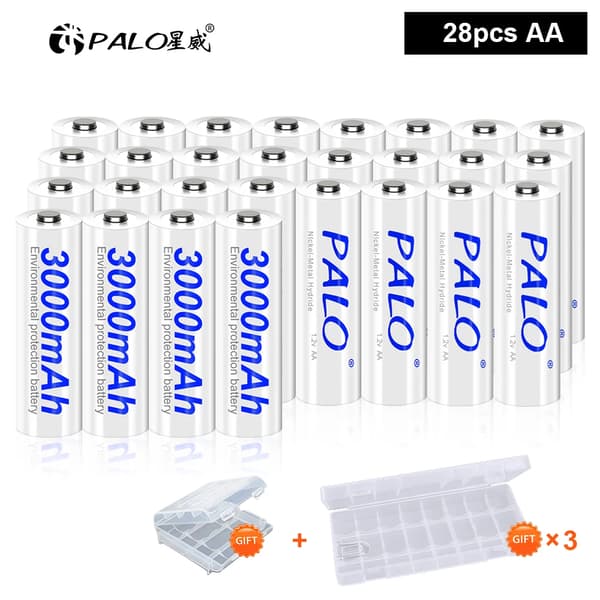 PALO Genopladelige AA-batterier, 3000mAh kapacitet, flere pakkevalg,28 stk batteri
