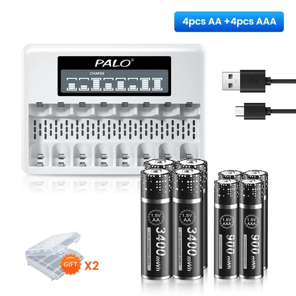 Genopladelige lithium-ion-batterier, høj kapacitet 3400mWh AA, hurtigoplader inkluderet,4AA 4AAA 1Lader