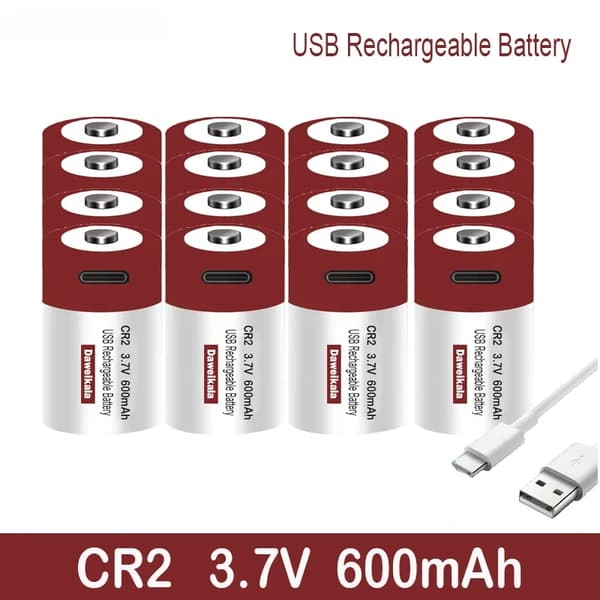 USB genopladeligt CR2-batteri, 600mAh kapacitet, 3.7V spænding,16 stk.