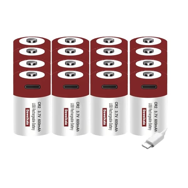 USB genopladeligt CR2-batteri, 600mAh kapacitet, 3.7V spænding,16 stk.