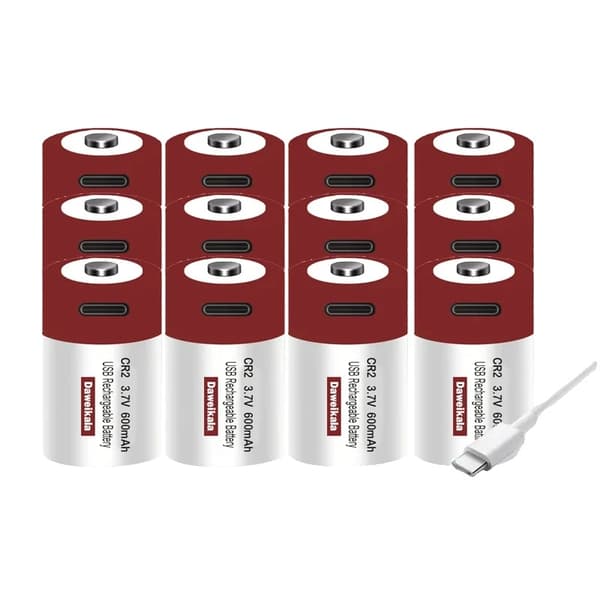 USB genopladeligt CR2-batteri, 600mAh kapacitet, 3.7V spænding,12 stk.