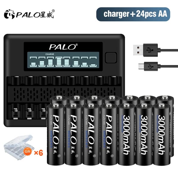 PALO Genopladelige AA-batterier, 3000mAh kapacitet, oplader inkluderet,24 AA 1 oplader