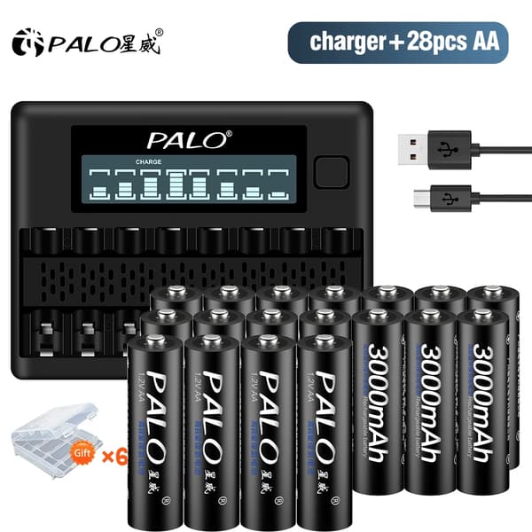PALO Genopladelige AA-batterier, 3000mAh kapacitet, oplader inkluderet,28 AA 1 oplader