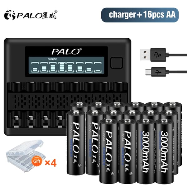 PALO Genopladelige AA-batterier, 3000mAh kapacitet, oplader inkluderet,16 AA 1 oplader