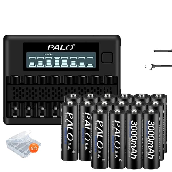 PALO Genopladelige AA-batterier, 3000mAh kapacitet, oplader inkluderet,16 AA 1 oplader