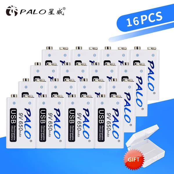 9V USB Genopladeligt Batteri, 650mAh Kapacitet, Hurtig Opladning,16 stk, 9V
