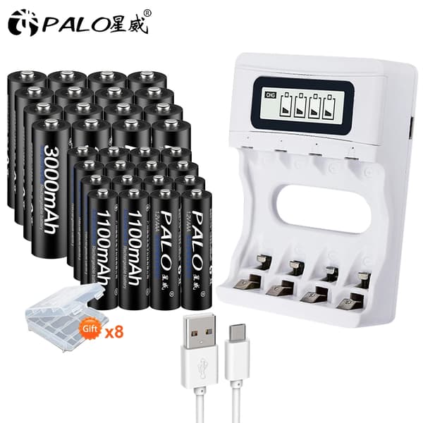 PALO Ladattava Paristopaketti, 3000mAh AA Kapasiteetti, Älykäs USB-laturi,16AA AAA ja laturi, 1,2V